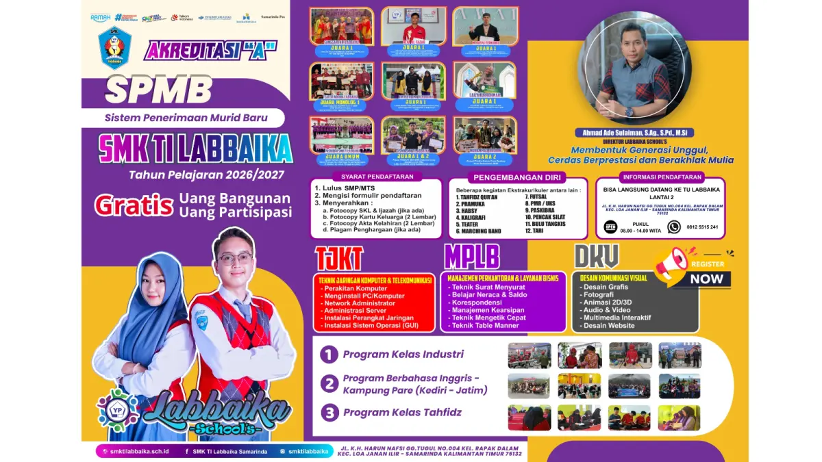 Sekolah Menengah Kejuruan Teknologi Informasi (SMK TI) Labbaika Samarinda buka pendaftaran SPMB Tahun Pelajaran 2026/2027. (IST)