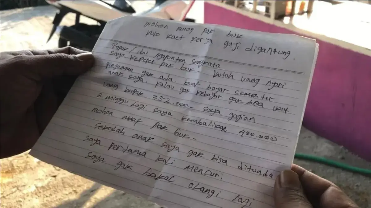 Surat yang ditulis oleh pencuri ditujukan kepada korbannya yang pemilik toko kelontongan di Mojokerto, Jatim.(IST)