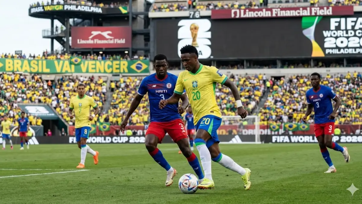 Ilustrasi pertandingan antara Brasil dan Haiti. Vinícius Júnior dalam balutan seragam Brasil yang ikonik, sedang berhadapan dengan pemain Haiti di Stadion Lincoln Financial Field, Philadelphia, lengkap dengan suasana riuh penonton dan branding resmi Piala Dunia 2026.(generate ai)