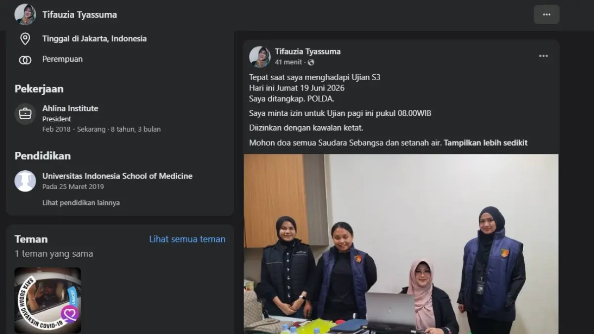 Tangkapan layar dari FB dr Tifa yang mengaku ditangkap Polda pada Jumat, 19 Juni 2026.