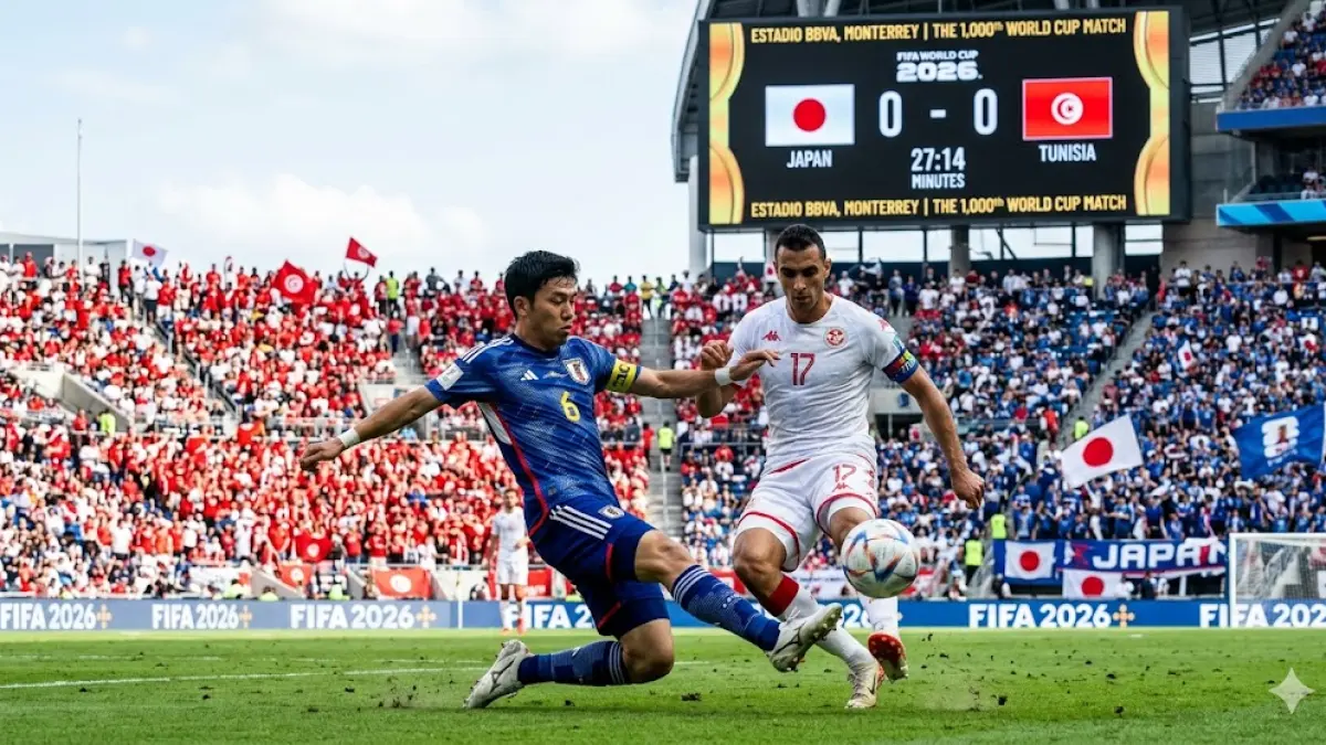 Ilustrasi pertandingan timnas Jepang vs Tunisia pada Piala Dunia 2026.(generate ai)