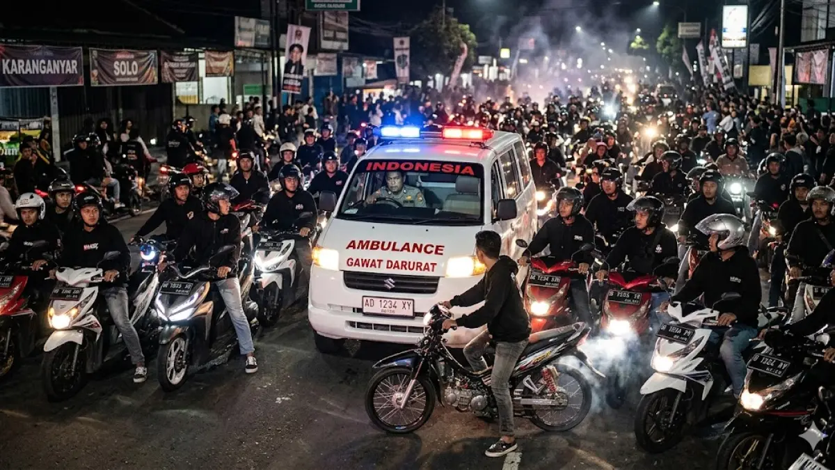 Ilustrasi ambulans yang membawa pasien gawat darurat terhambat oleh konvoi manusia berbaju hitam.(generate ai)