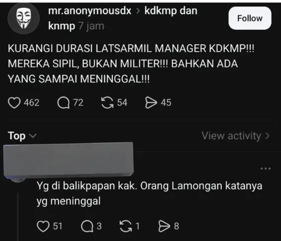 Info peserta Latsarmil KDMP meninggal jadi perbincangan di Threads.
