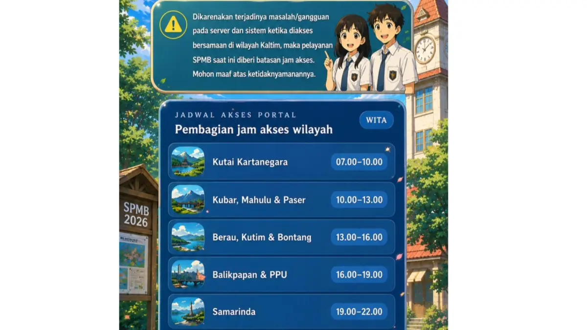JADWAL: Pembagain jam akses SPMB Kaltim 2026 per wilayah. (DISDIKBUD PROV. KALTIM/Instagram)