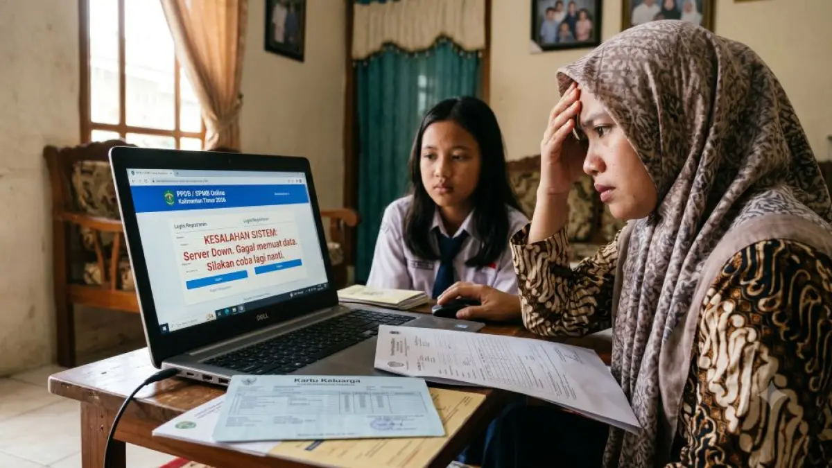 Kesulitan orangtua siswa mendaftarkan anakanya di portal SPMB 2026 Kaltim memicu kecemasan di tengah masa perpanjangan pendaftaran hingga Jumat (26/6) mendatang. (Ilustrasi foto AI)