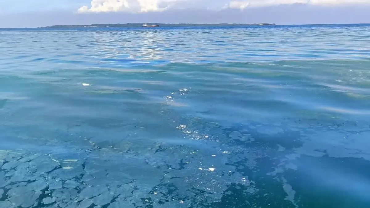 PENCEMARAN: Kondisi perairan di sekitar Pulau Miang, Kecamatan Sangkulirang, Kutim yang ditemukan terdapat lapisan menyerupai minyak di permukaan laut. 