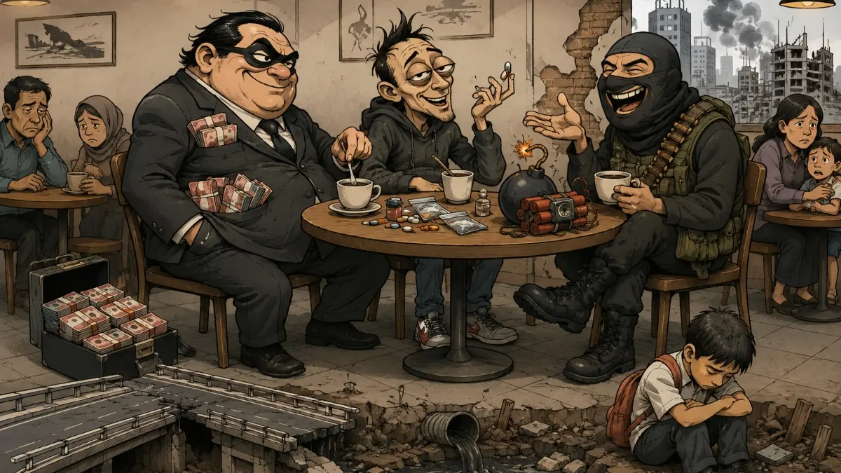 Ilustrasi satir tiga tokoh yang merepresentasikan korupsi, narkoba, dan terorisme sedang "nongkrong" di warung kopi sebagai simbol tiga kejahatan luar biasa yang terus menggerogoti kehidupan bangsa.
