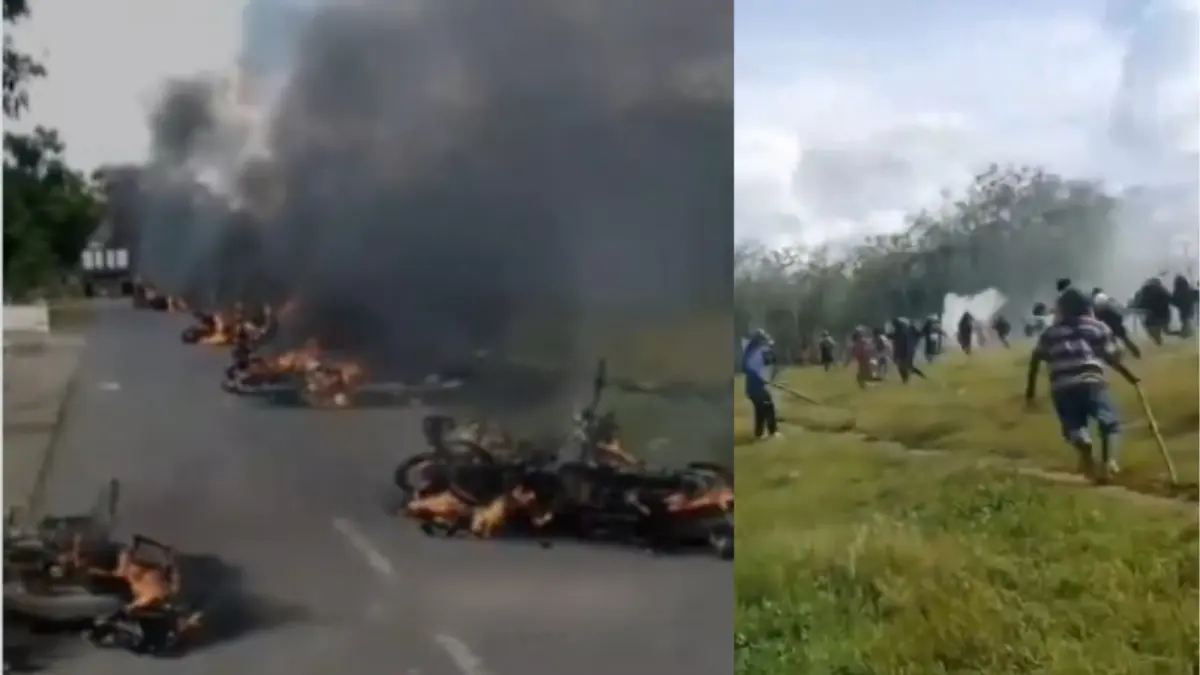 SENGKETA LAHAN: Bentrokan warga dengan PT Bridgestone mengakibatkan sejumlah motor terbakar di Serdang Bedagai, Sumatera Utara, Kamis (25/6/2026). (@OrangWaras82/@inspladusseng/X)