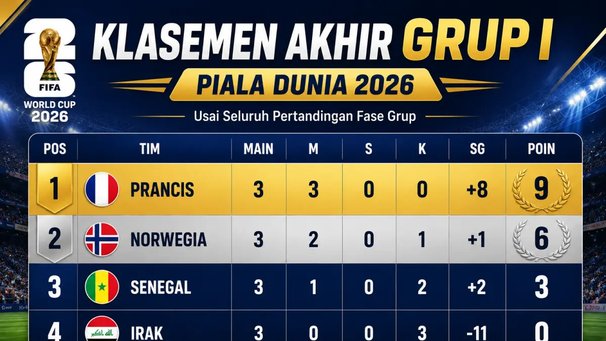 AKHIR: Klasemen Piala Dunia 2026 Grup I, Sabtu (27/6/2026). (AI ChatGPT)