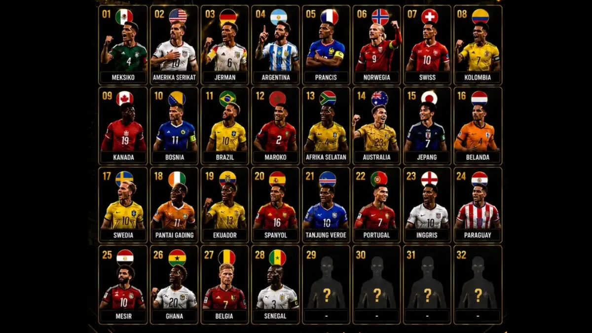 MENGERUCUT: Peta 28 daftar negara lolos 32 besar Piala Dunia 2026, Sabtu (27/6/2026). (infopildun_2026/Ig) 