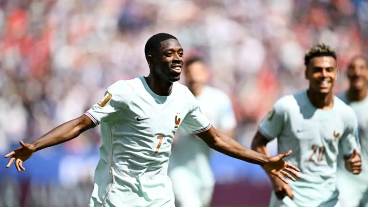 Ousmane Dembélé merayakan gol ketiganya yang memastikan hattrick dalam pertandingan Prancis vs Norwegia di Piala Dunia 2026, Sabtu (27/6/2026). (Dylan Martinez/Reuters)