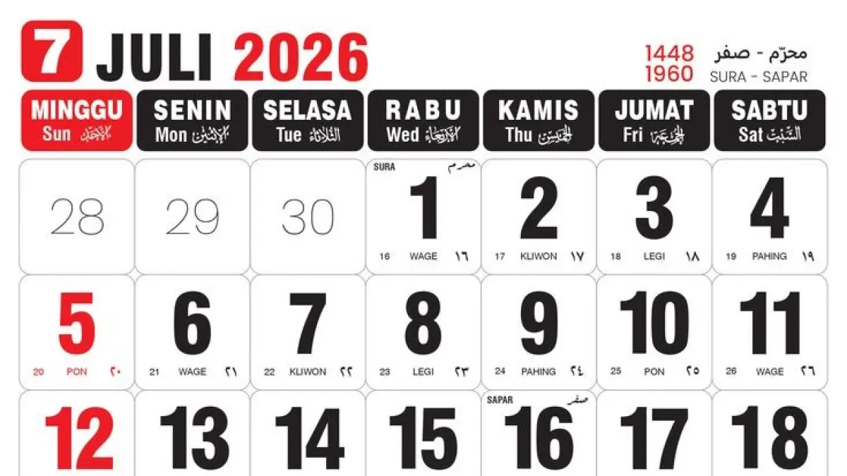 Ilustrasi kalender Juli 2026.