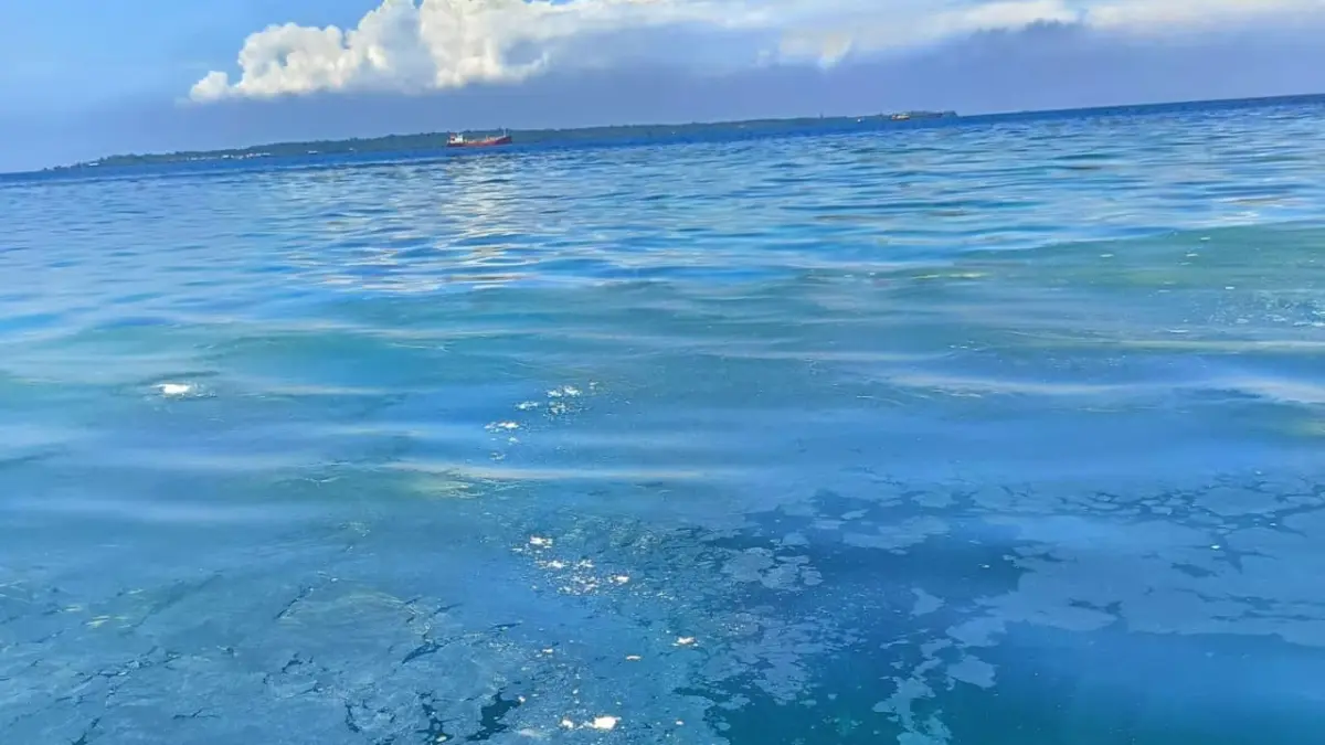 Kondisi perairan di sekitar Pulau Miang, Kecamatan Sangkulirang, Kutim yang ditemukan terdapat lapisan menyerupai minyak di permukaan laut.&nbsp;