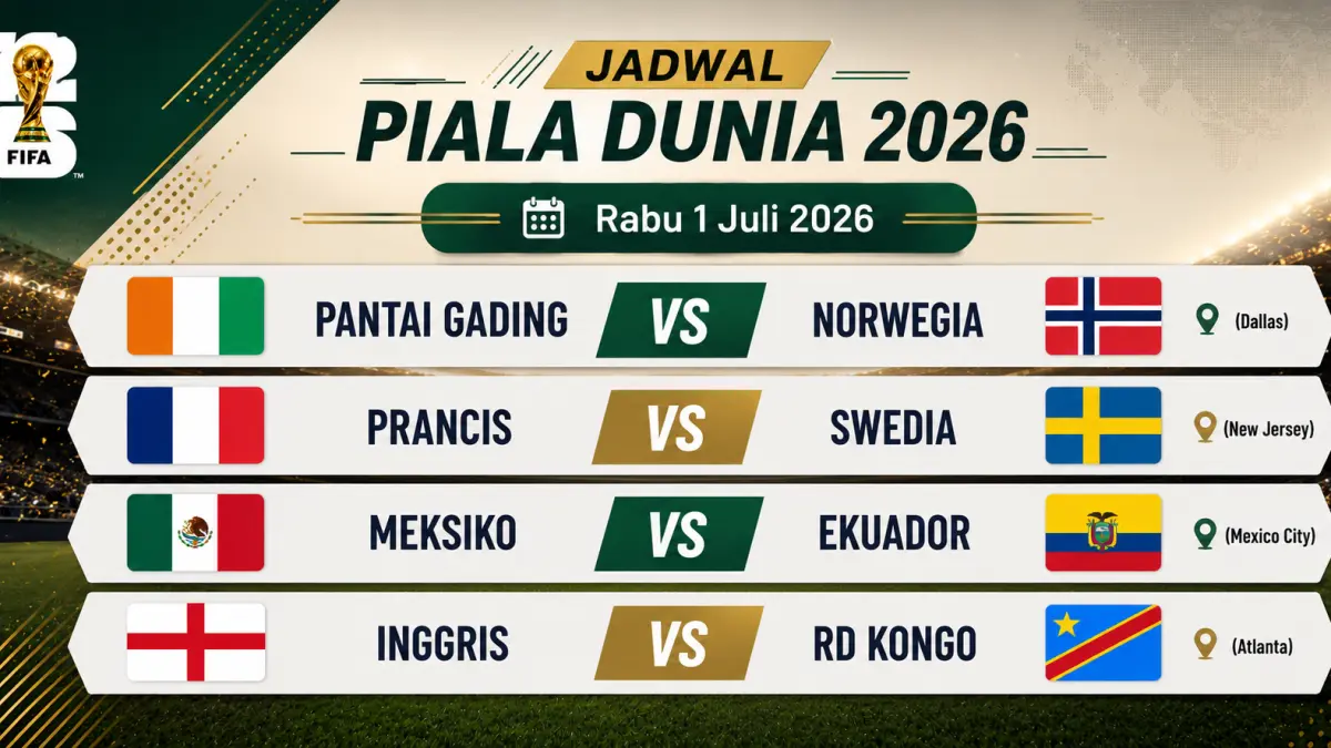 Jadwal Piala Dunia 2026 hari ini, Rabu, 1 Juli 2026. (AI ChatGPT)