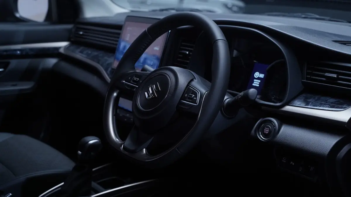 Kesan Mewah: Dashboard Suzuki XL7 New Alpha Hybrid 2026 tampil lebih modern dengan ornamen panel bermotif black wood, centre console garnish baru, serta steering wheel beraksen Metallic Hagane Dark Silver yang memberikan nuansa kabin lebih premium. (Foto: Istimewa)