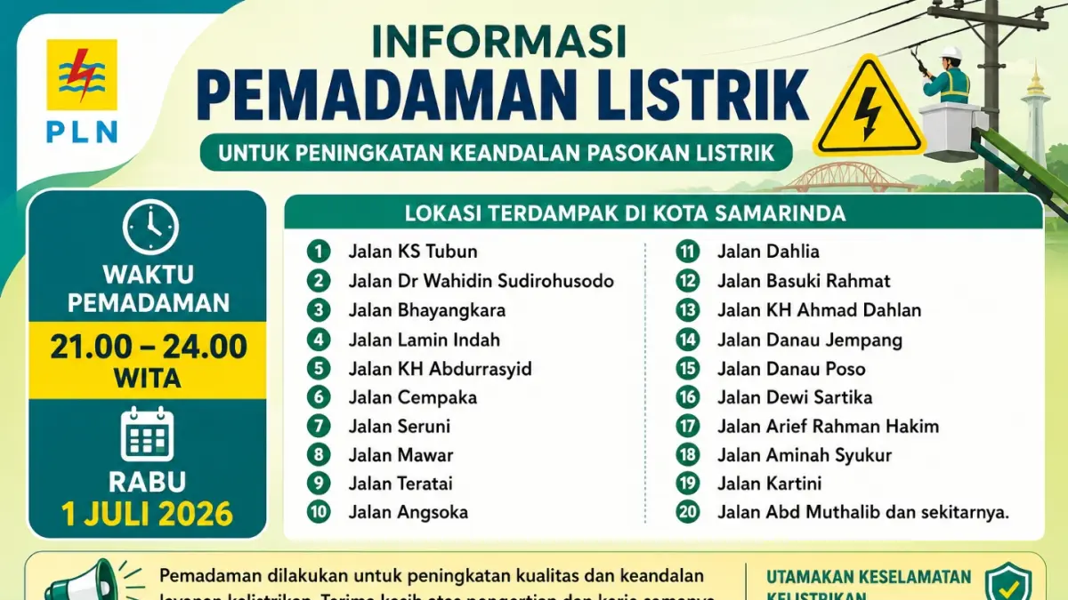 Daftar lokasi pemadaman listrik di Samarinda, Rabu, 1 Juli 2026. (AI ChatGPT) 