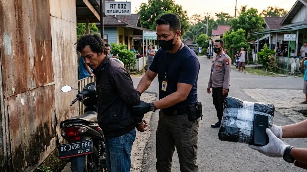 Ilustrasi penangkapan pengedar narkotika jenis sabu di lingkungan Polsek Babulu, Polres PPU.(generate ai)