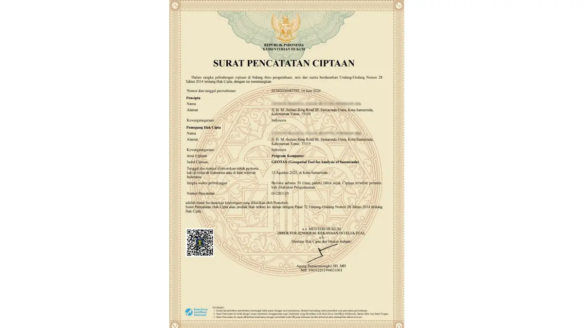Surat Pencatatan Ciptaan (HAKI) Aplikasi GEOTAS-GEOspatial Tool for Analysis of Samarinda. (IST)