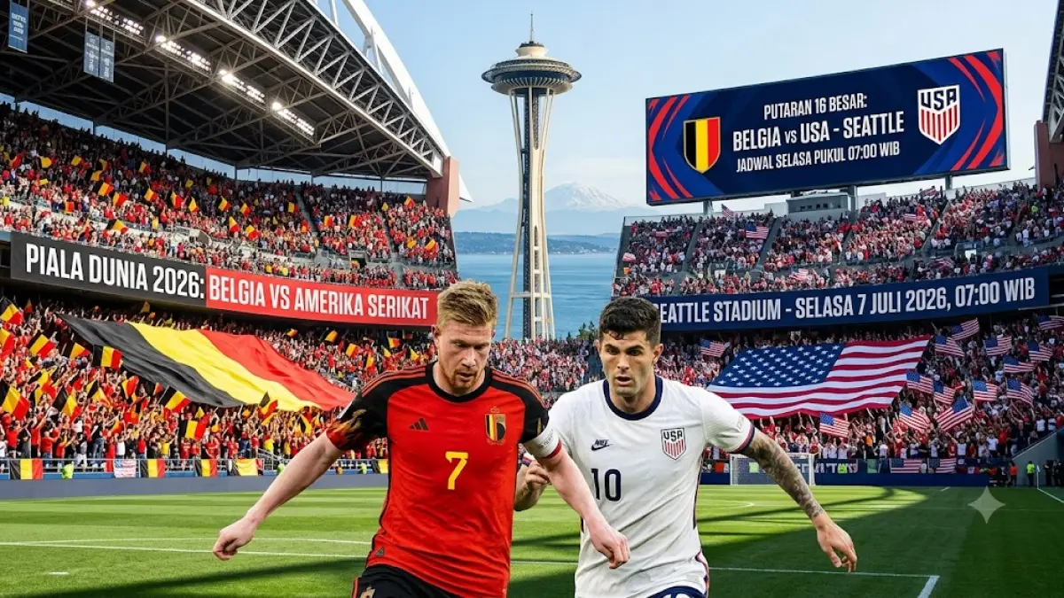 Ilustrasi visual yang menyoroti salah satu pertandingan paling dinantikan di babak 16 besar  duel antara Amerika Serikat dan Belgia di Seattle.(generate ai)