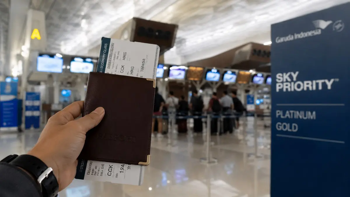 Ilustrasi penumpang memegang boarding pass di bandara. Ahli mengingatkan pentingnya keamanan perjalanan dengan tidak mengunggah label bagasi maupun dokumen yang memuat data pribadi ke media sosial.