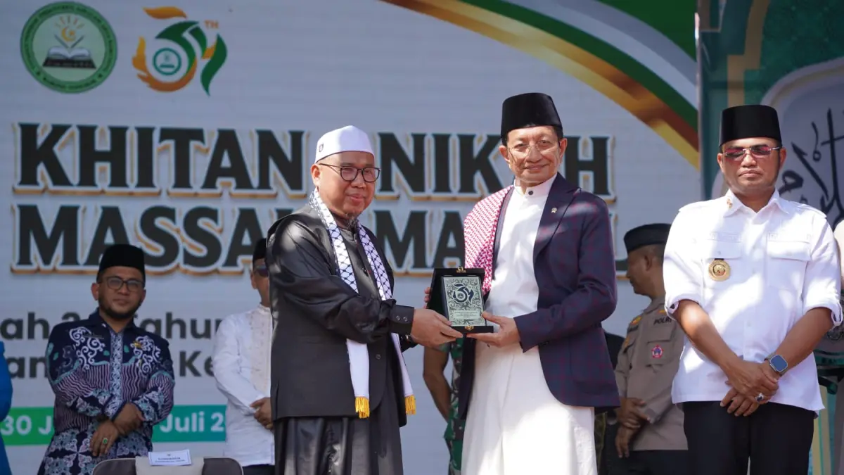 Menteri Agama RI, Nasaruddin Umar, menghadiri Dialog Kebangsaan dalam rangka Harlah ke-34 Pondok Pesantren Assalam Arya Kemuning di Kelurahan Simpang Raya, Kutai Barat, Sabtu (4/7/2026).