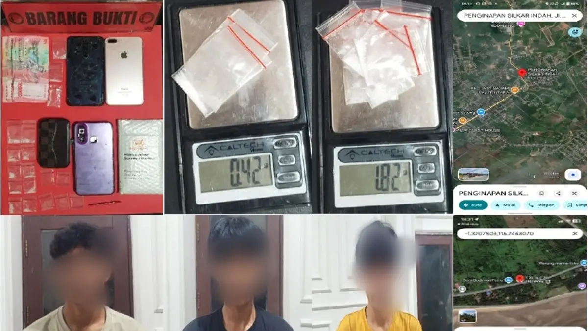 DIAMANKAN: Tiga tersangka dan barang bukti narkoba yang berhasil diamankan Satresnarkoba Polres PPU.(humas polres ppu)