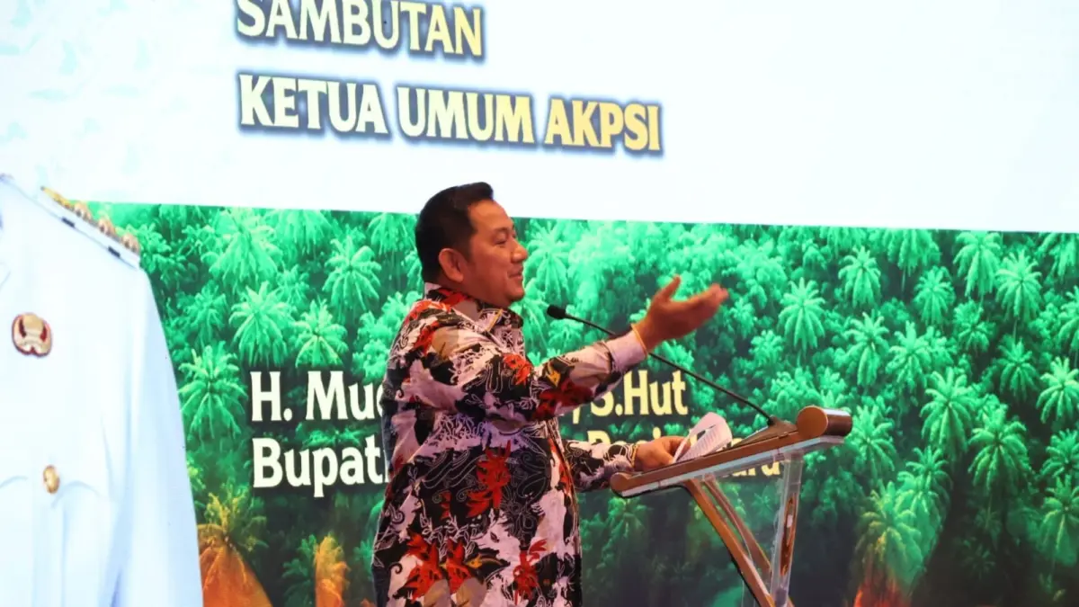 ASPRIRASI: Mudyat Noor menyuarakan aspirasi terkait porsi DBH sawit untuk daerah dalam Workshop AKPSI dan Sawit Expo 2026 di Hotel Bidakara, Jakarta, Selasa (7/7/2026).