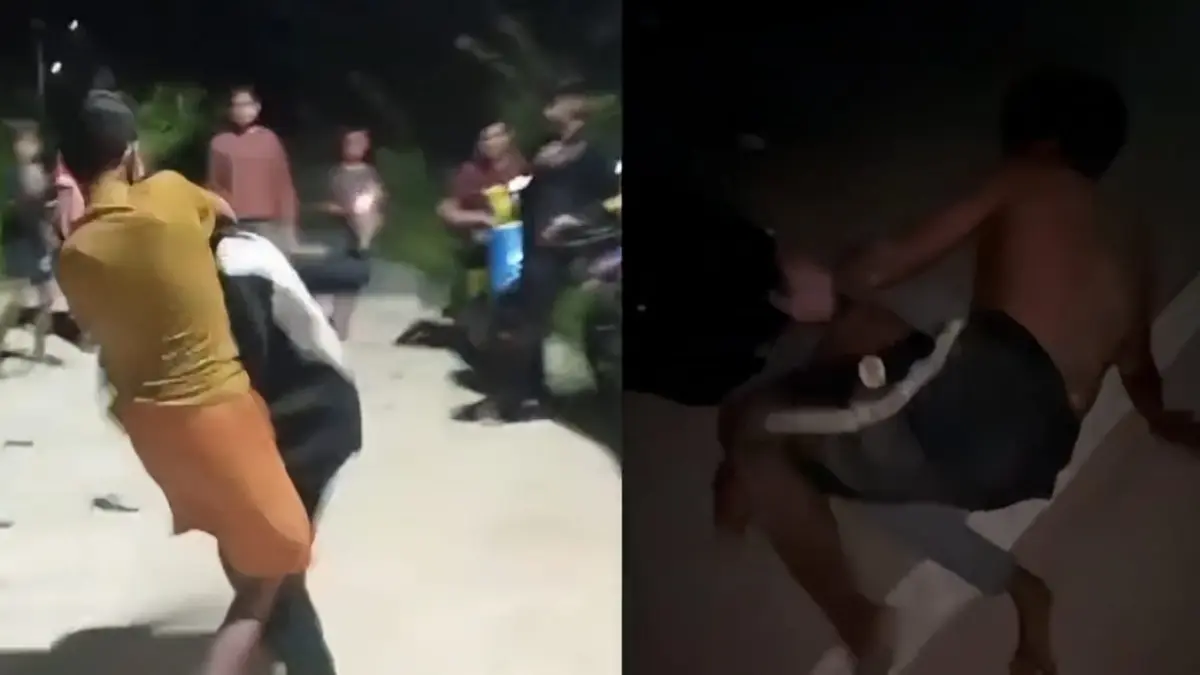 DUEL: Tangkapan layar memperlihatkan duel dua remaja yang menjadi tontonan sejumlah remaja lain di Desa Senyiur, Muara Ancalong, Kutai Timur. 