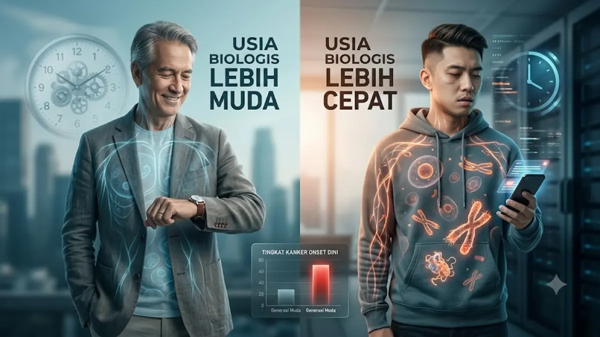 Ilustrasi generasi muda yang secara fisik menua lebih cepat akibat paparan faktor risiko modern.(generate ai)