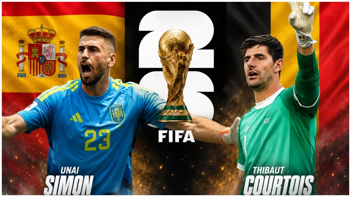 Kiper Spanyol Unai Simon (kiri) dan kiper Belgia Thibaut Courtois akan menjadi sorotan dalam duel perempat final Piala Dunia 2026 di SoFi Stadium, Inglewood, Sabtu dini hari (11/7).
