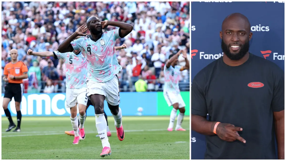 Striker Belgia Romelu Lukaku (kiri) dan mantan pemain American football Leonard Fournette telah bersahabat sejak 2017. Kemiripan wajah keduanya kerap membuat publik mengira mereka saudara kembar. (JAMIE SQUIRE-JESSE GRANT/AFP)