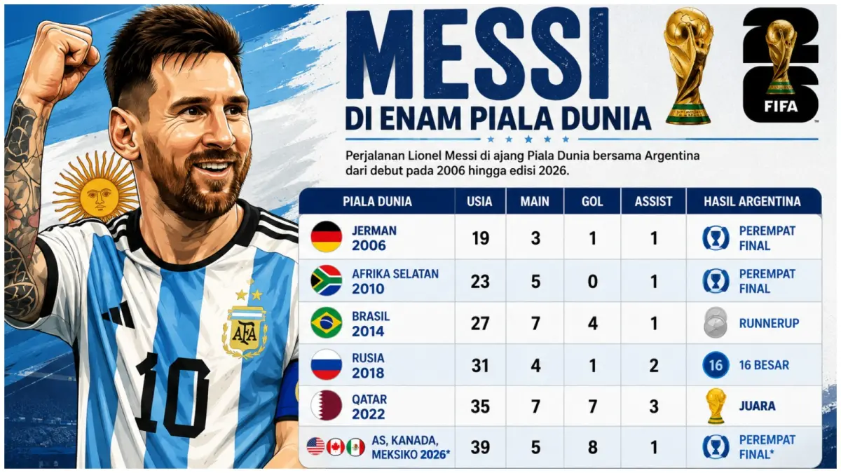 

Statistik Lionel Messi bersama Argentina dari debut Piala Dunia 2006 hingga edisi 2026 yang masih berlangsung.
