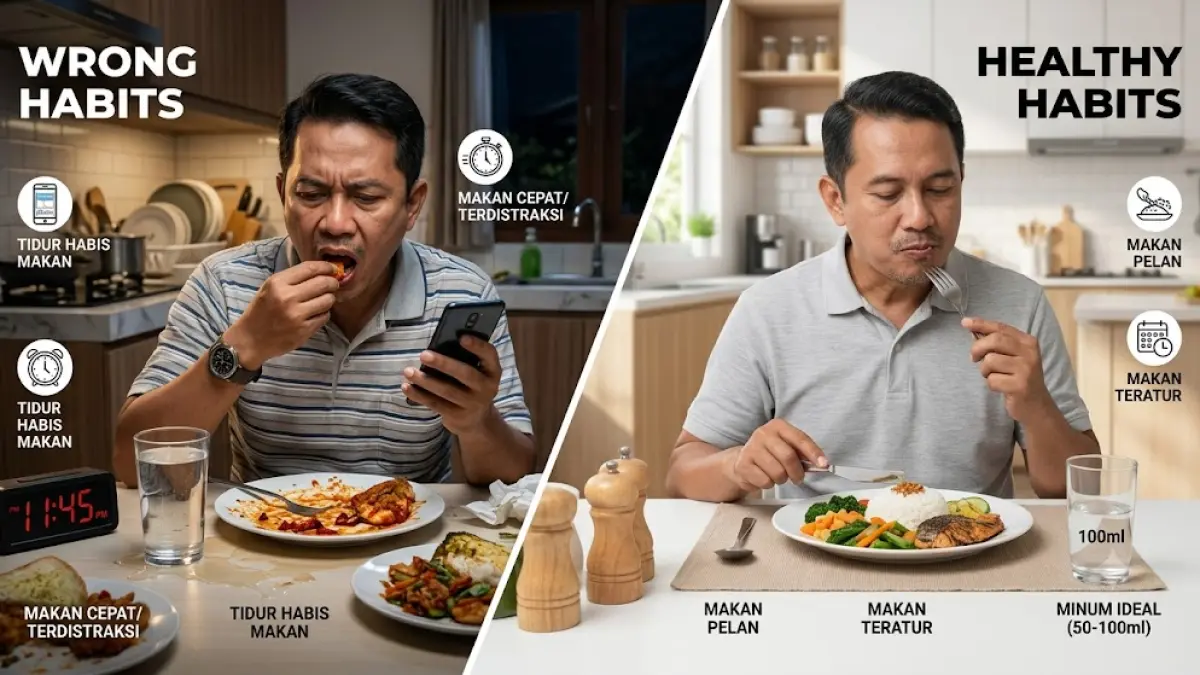 Ilustrasi makan dan minum yang salah dan dianjurkan.(generate ai)