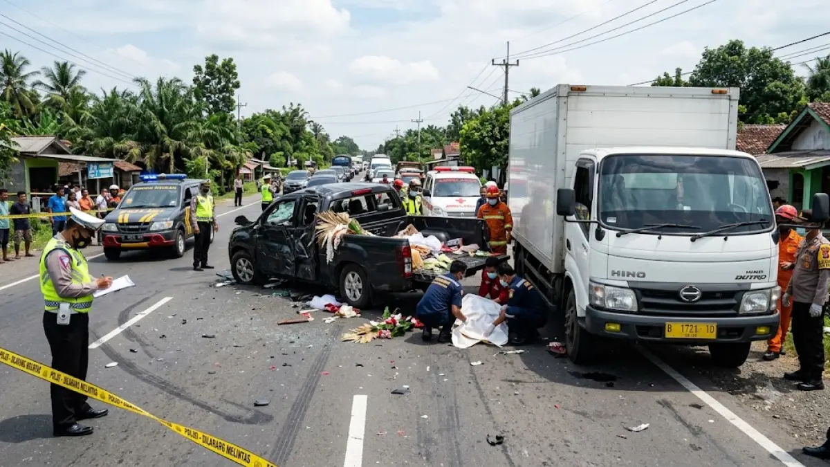 Ilustrasi truk tabrak mobil rombongan pengantin di Indramayu, Jabar. Sedikitnya 10 orang meninggal dunia.(generate ai)