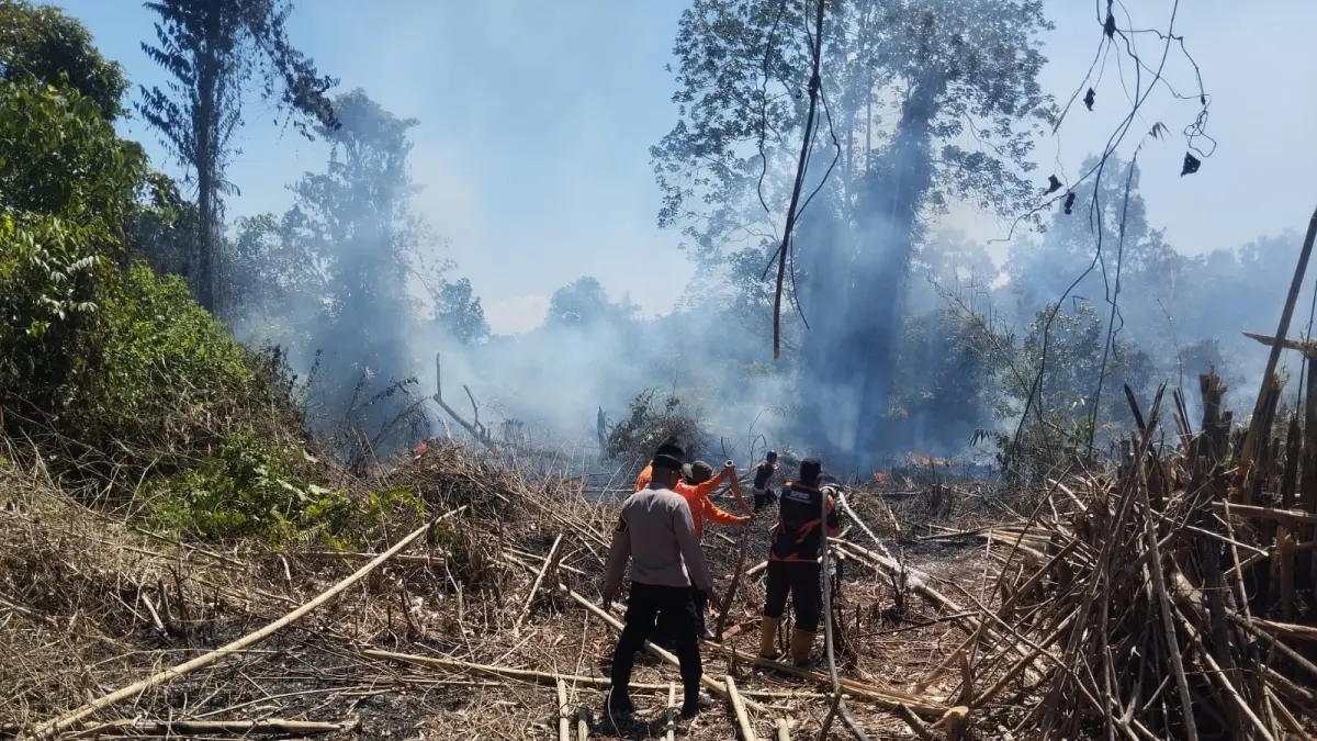 PADAMKAN API: BPBD dan Polres PPU berjibaku memadamkan kobaran api yang membakar hutan dan lahan seberang depan Islamic Center Penajam.(Dok Humas Polres PPU)
