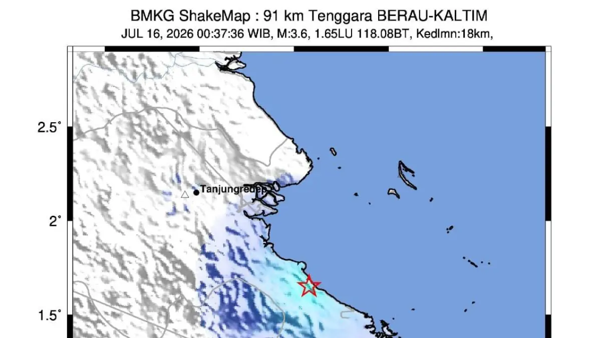 Peta pusat gempa Berau magnitudo 3,4 yang dirilis oleh BMKG pada Kamis (16/7/2026) dini hari. 
