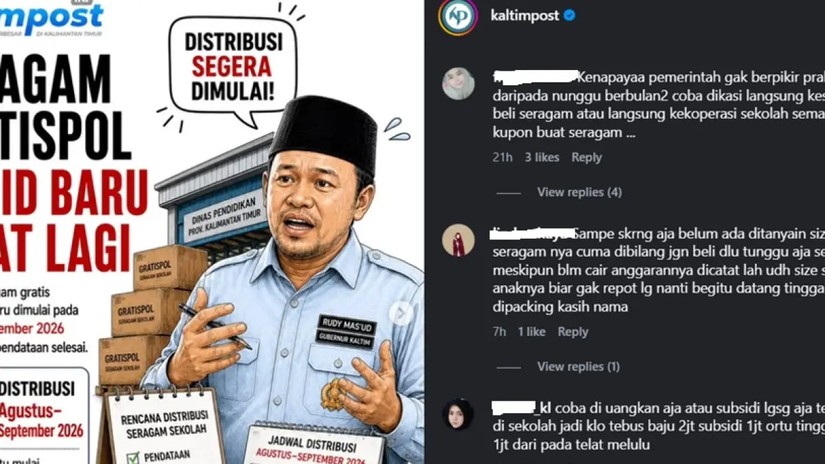 REAKSI PUBLIK DI DUNIA MAYA: Tangkap layar ragam komentar warganet yang menyoroti keterlambatan distribusi program seragam sekolah gratis di media sosial Kaltim Post.