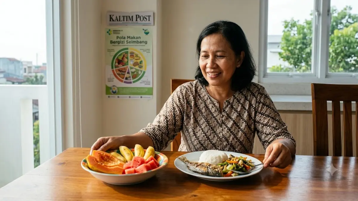 Ilustrasi cara aman makan buah sebelum nasi agar tidak nasik asam lambung.(generate ai) 