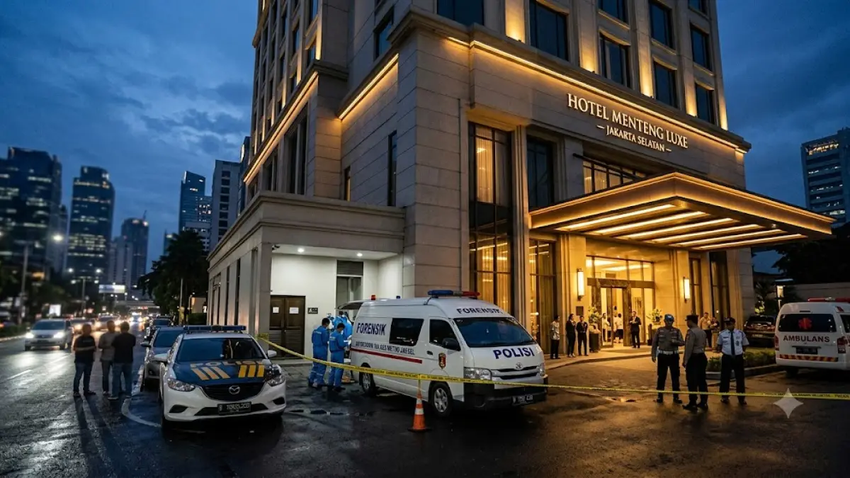 Ilustrasi polisi saat mengevakuasi bos perusahaan yang ditemukan tewas di kamar hotel dengan luka tembakan.(generate ai)