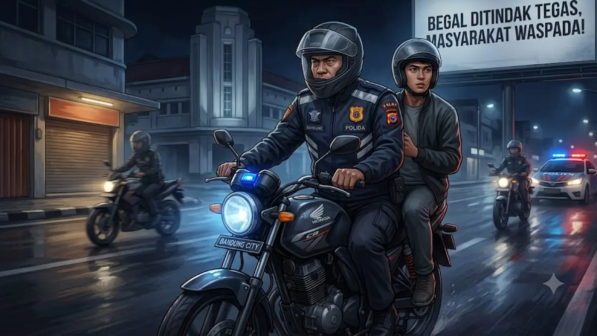Ilustrasi kepolisian mengajak masyarakat untuk waspada terhadap aksi kriminalitas para begal.(generate ai)