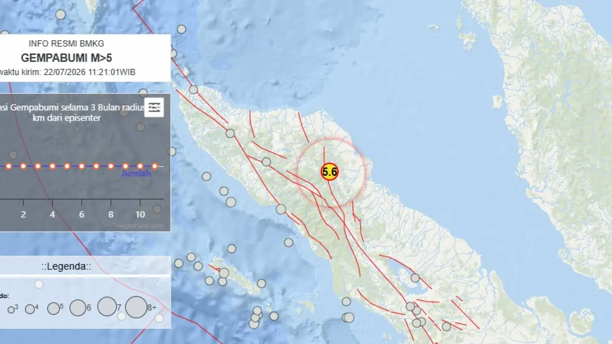 Gempa hari ini magnitudo 5.6 mengguncang Kabupaten Gayo Lues, Aceh, Rabu (22/7/2026). (BMKG)