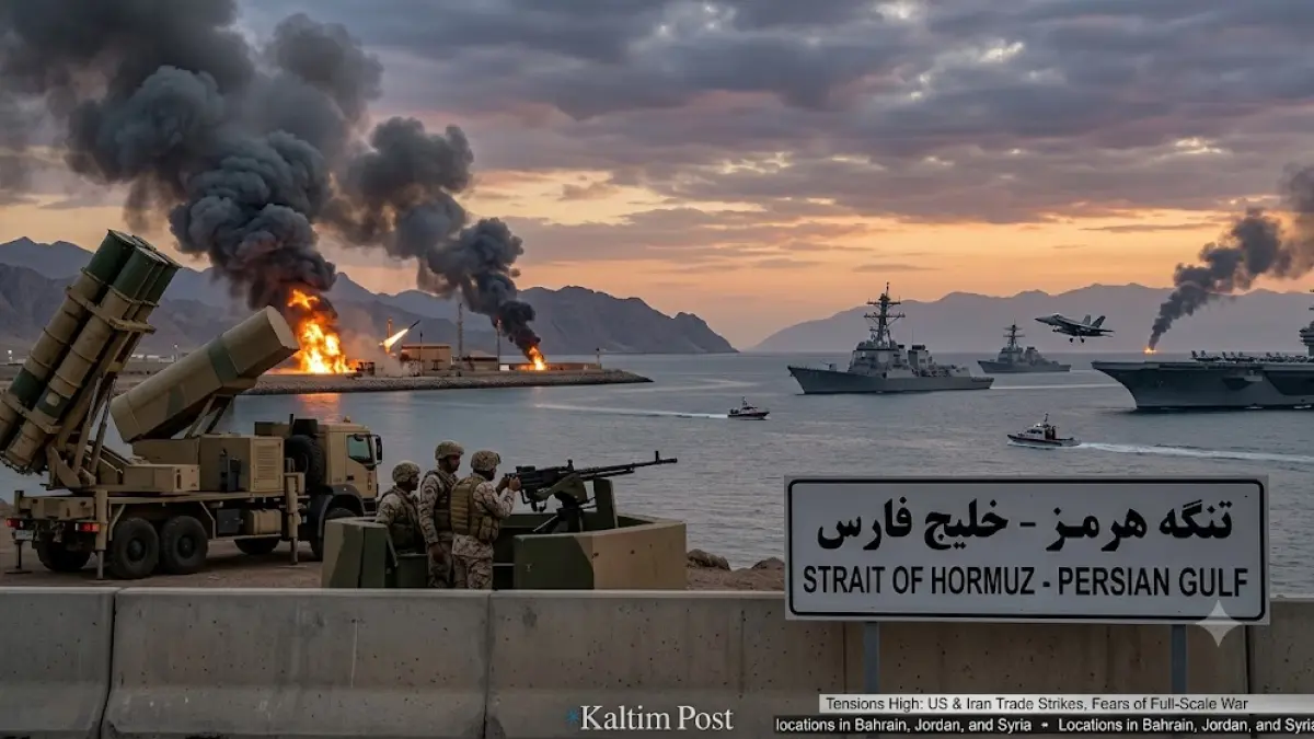 Ilustrasi perang Iran versus Amerika Serikat di Selat Hormuz.(generate ai)