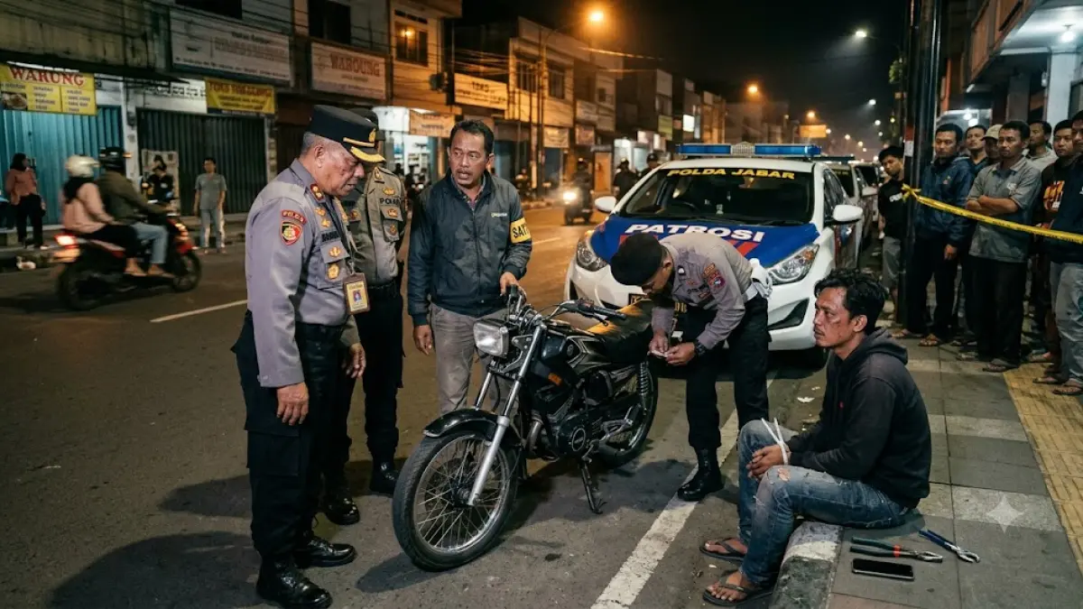Ilustrasi aparat kepolisian dan masyarakat menangkap pelaku kejahatan.(generate ai)