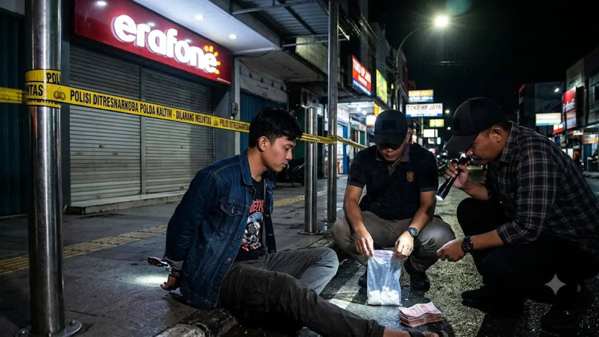 Ilustrasi polisi menangkap anak muda kurir sabu.(generate ai)