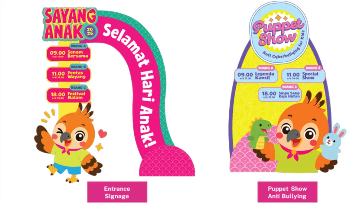 Tampak Maskot Hari Anak Nasional 2026 sebagai Entrance Signage. (KemenPPPA)