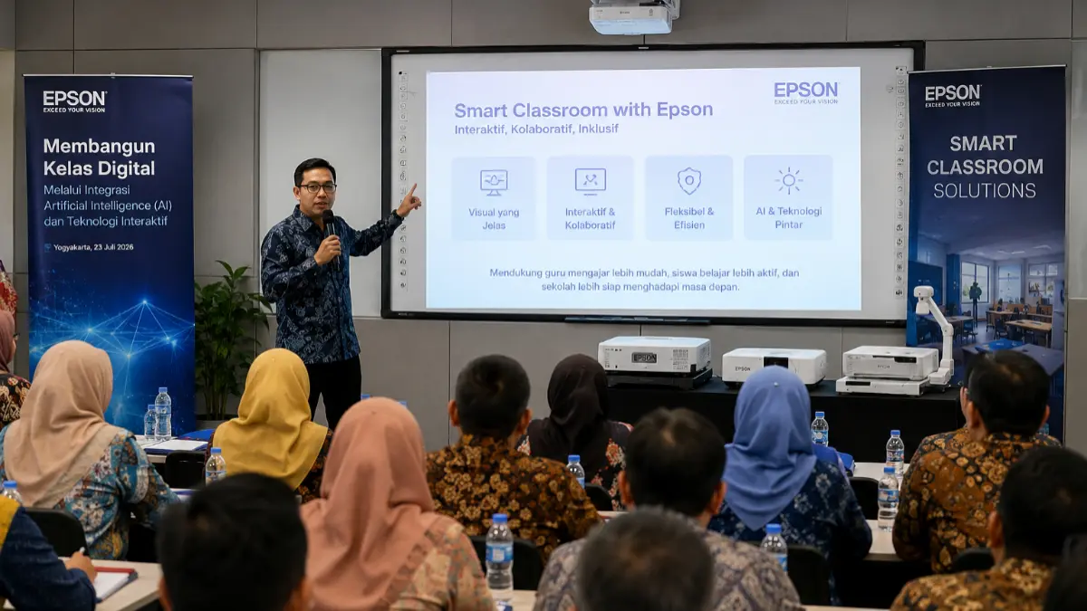 Epson Indonesia memperkenalkan ekosistem Smart Classroom yang mengintegrasikan Artificial Intelligence (AI), proyektor interaktif, dan teknologi visual untuk mendukung transformasi pendidikan digital di Indonesia. (Foto: Ilustrasi AI)