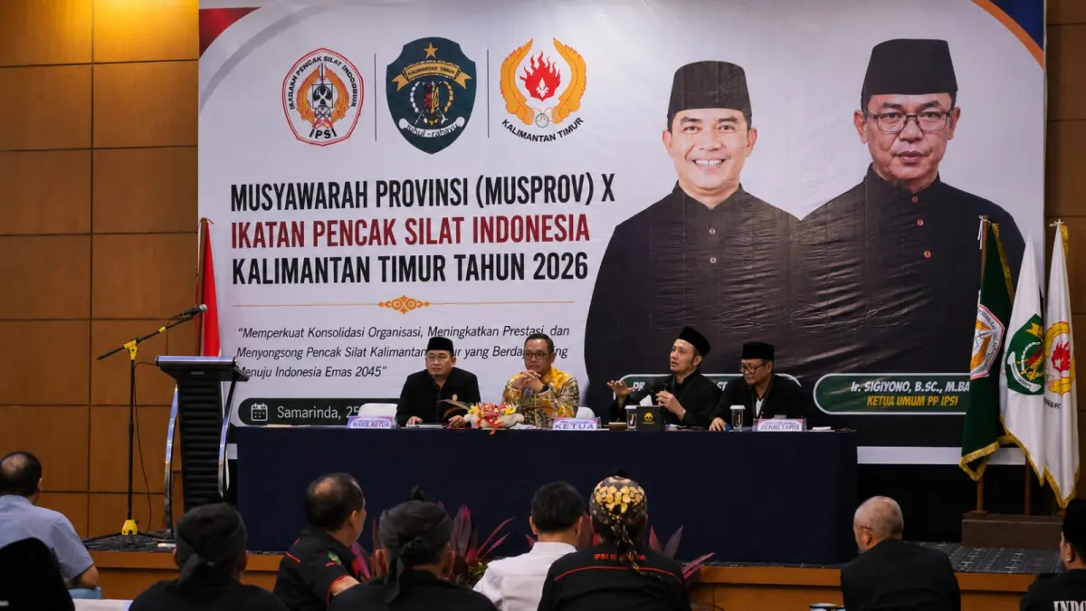 Suasana Musyawarah Olahraga Provinsi (Musorprov) X Ikatan Pencak Silat Indonesia (IPSI) Kalimantan Timur di Ballroom Hotel Puri Senyiur, Samarinda, Sabtu (25/7). Forum tersebut menetapkan Seno Aji sebagai Ketua Pengprov IPSI Kaltim masa bakti 2026–2030 secara aklamasi. (NASYA RAHAYA/KALTIM POST)