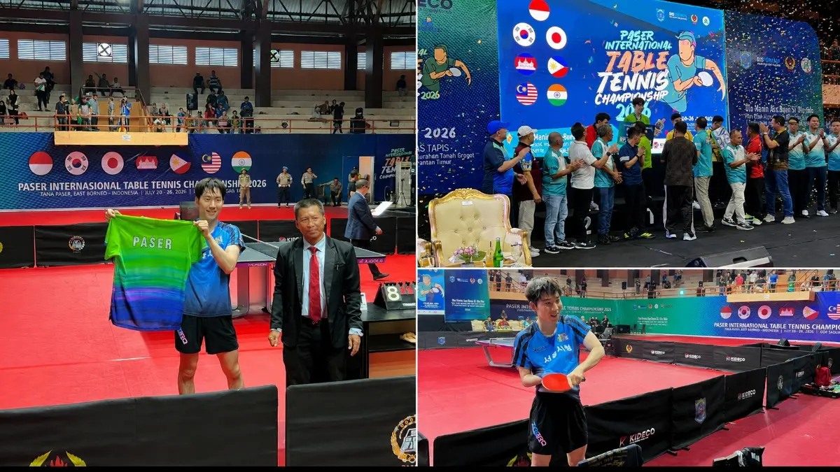 Pemenang nomor tunggal putra Paser International Table Tennis Championship (ITTC) 2026, Oh Minseo, merayakan kemenangan usai mengalahkan Muhammad Bima Abdi Negara pada partai final di GOR Sadurengas, Tanah Grogot, Minggu (26/7/2026). (Foto Najib)