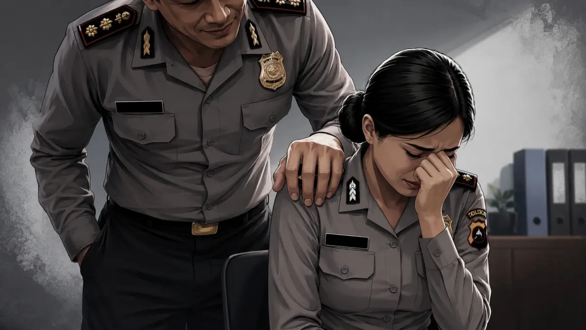 Foto ilustrasi, pelecehan polwan oleh atasannya yang berpangkat Ajun Komisaris Besar Polisi di Polda Sumatera Barat. (ai/chatgpt)