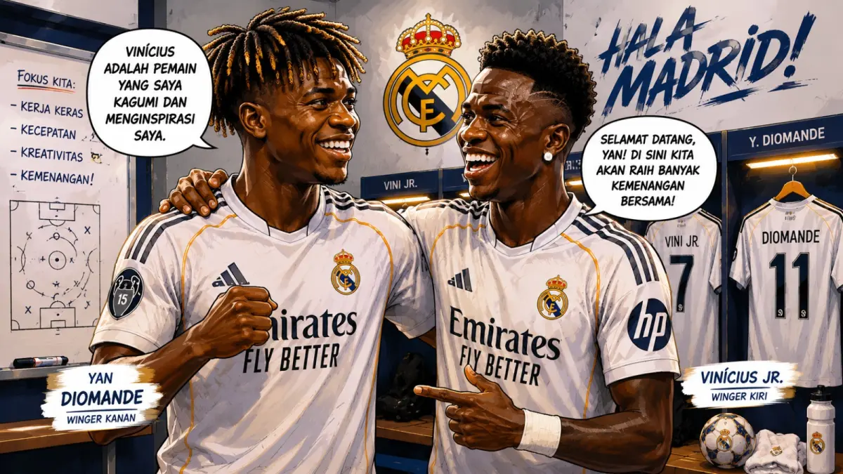 Wide attacker kiri Real Madrid Vinicius Junior bakal ditemani Yan Diomande, wide attacker kanan asal RB Leipzig, musim ini.
